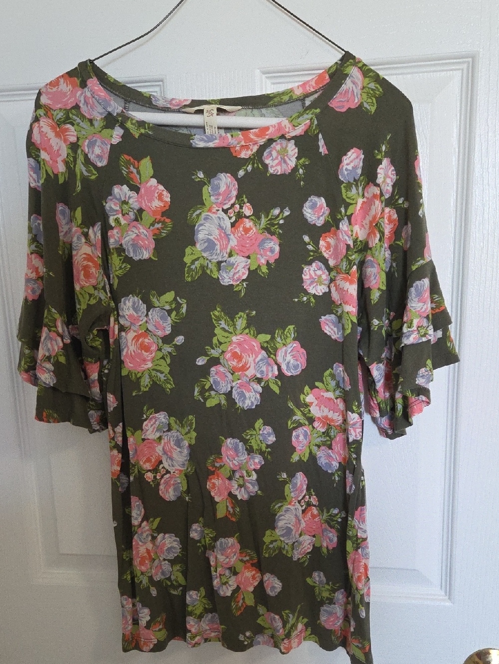 Cottagecore Floral Ruffle Sleeve Tunic with Pink & Lavender Roses